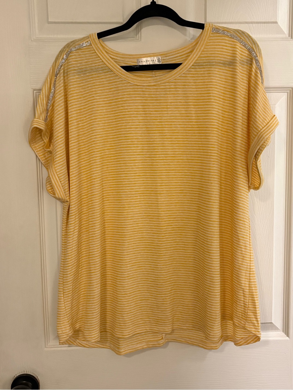 Yellow Striped Short Sleeve Tee with Shoulder Trim
